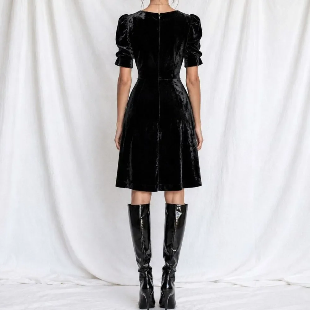 Vintage Y2K Talbots Black Velvet V-Neck Puffy Sleeve Flared Cocktail Dress M